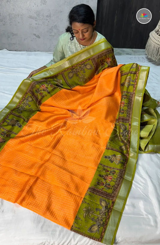 Mangalagiri Pattu With Zari Checked Pattern - Orange