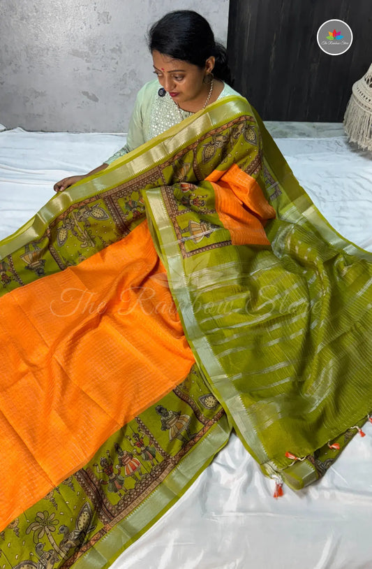 Mangalagiri Pattu With Zari Checked Pattern - Orange