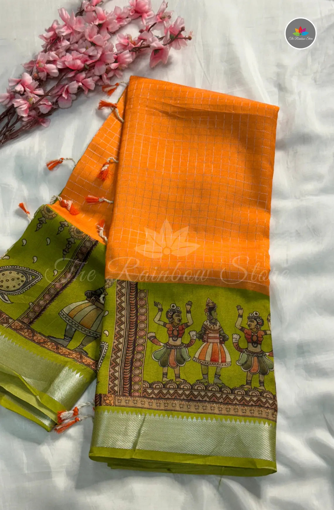 Mangalagiri Pattu With Zari Checked Pattern - Orange