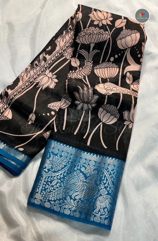 Mangalagiri Pattu in Kalamkari Hand Prints - Black