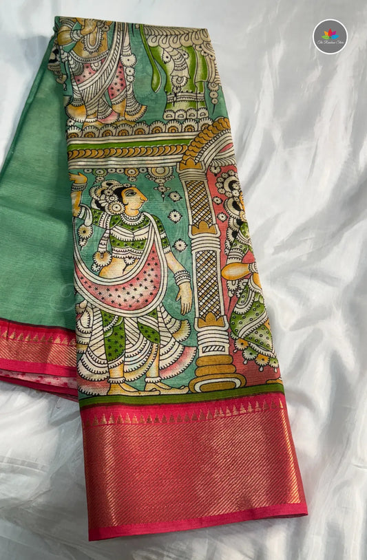 Mangalagiri Pattu in Kalamkari Hand Prints - Sea Green