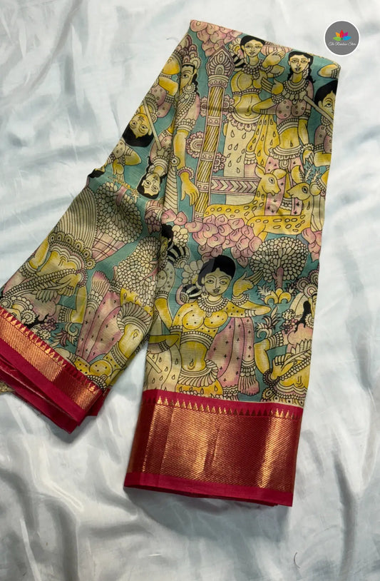 Mangalagiri Pattu in Kalamkari Hand Prints - Teal Green