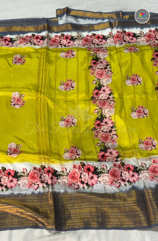 Mangalagiri Pattu in Kanchi Weaving Border with Tanjore Paints - Golden Yellow