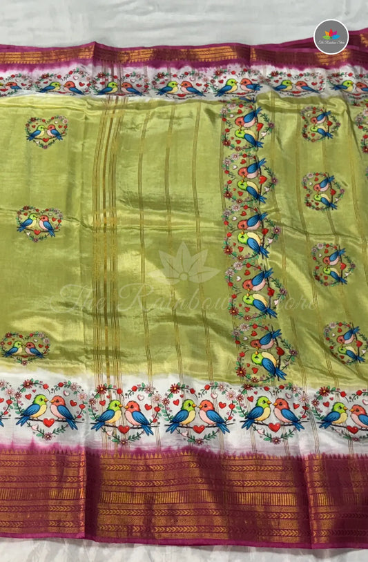 Mangalagiri Pattu in Kanchi Weaving Border with Tanjore Paints - Green