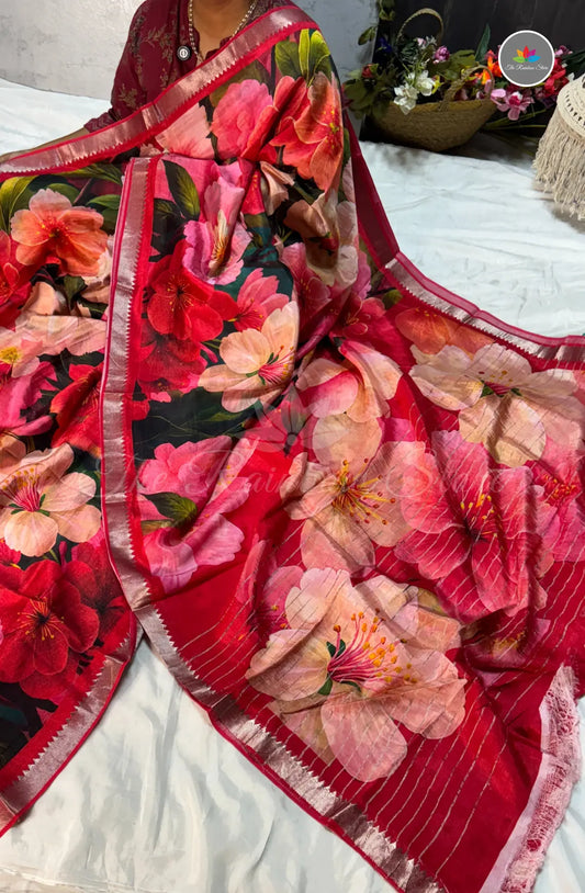 Premium Mangalagiri Pattu with Small Border - Hibiscus Red