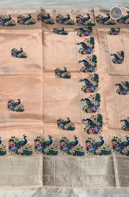 Mangalagiri Pattu in Kanchi Weaving Border with Tanjore Paints - Light  Peach
