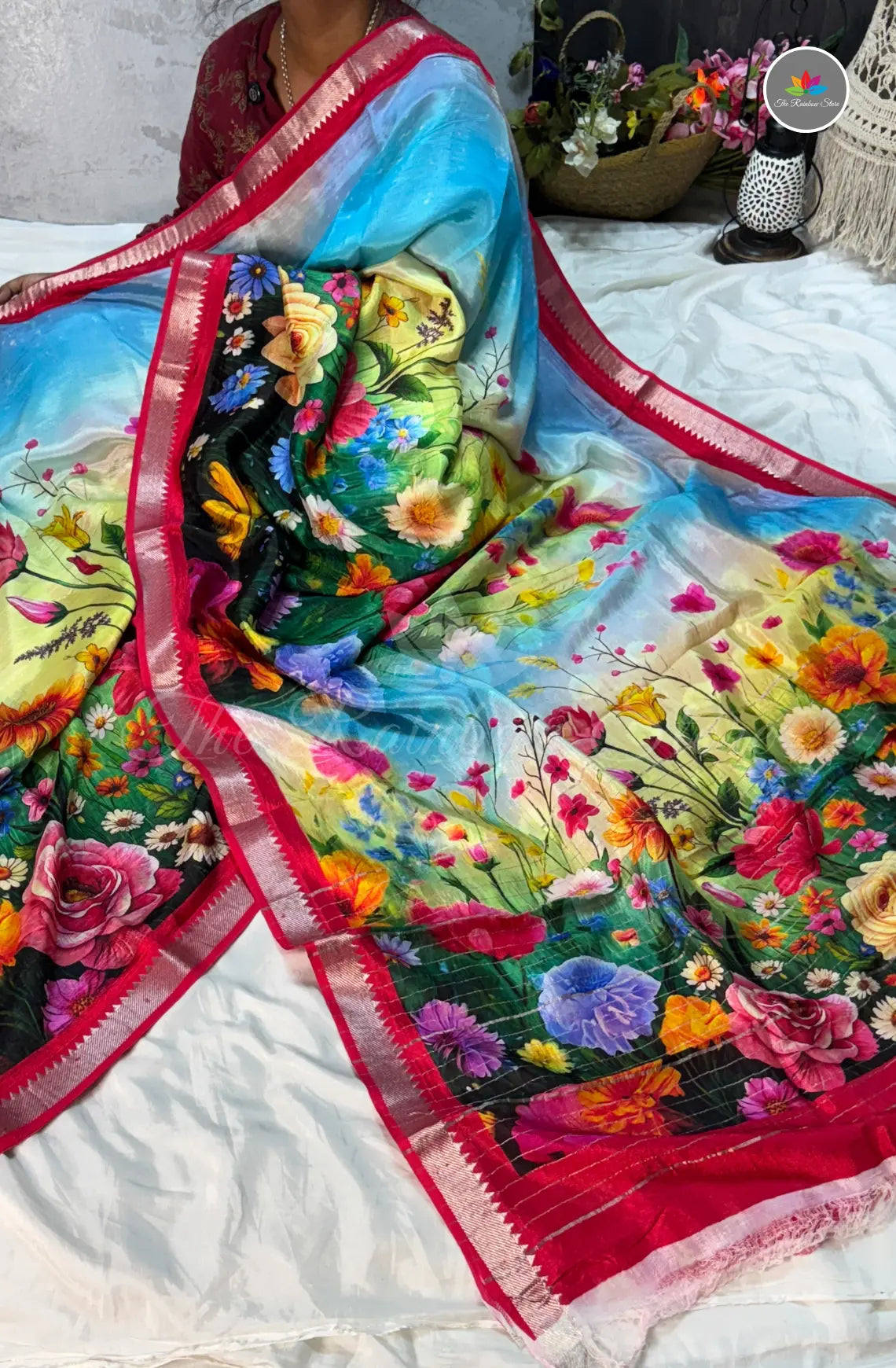 Premium Mangalagiri Pattu with Small Border - Multi Color Florals