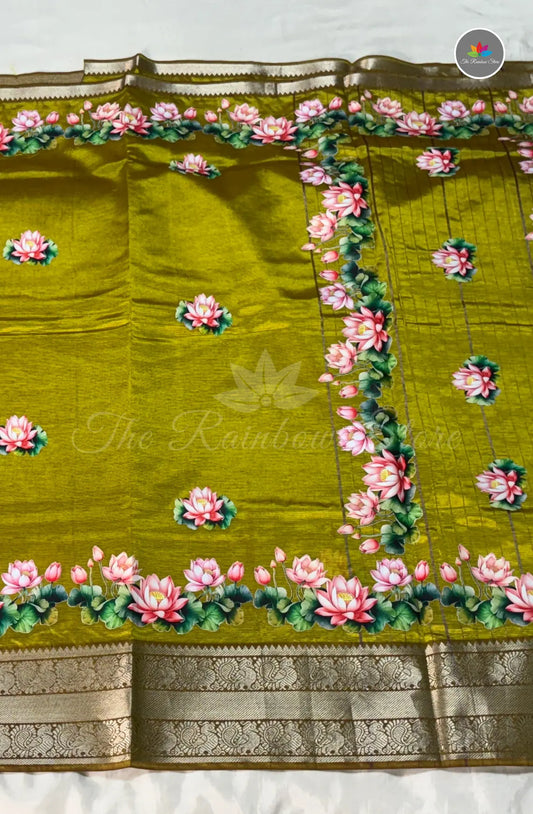 Mangalagiri Pattu in Kanchi Weaving Border with Tanjore Paints - Mustard