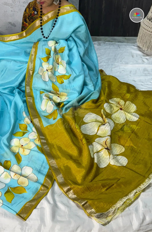 Premium Mangalagiri Pattu With Small Border - Skyblue