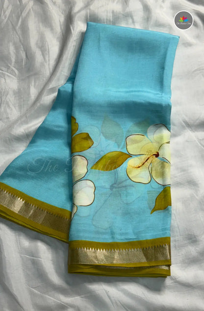 Premium Mangalagiri Pattu With Small Border - Skyblue