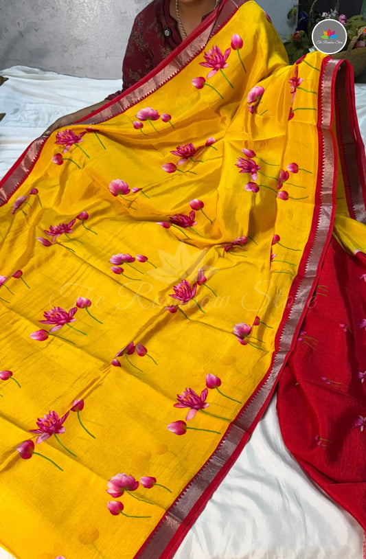 Premium Mangalagiri Pattu with Small Border - Turmeric Yellow