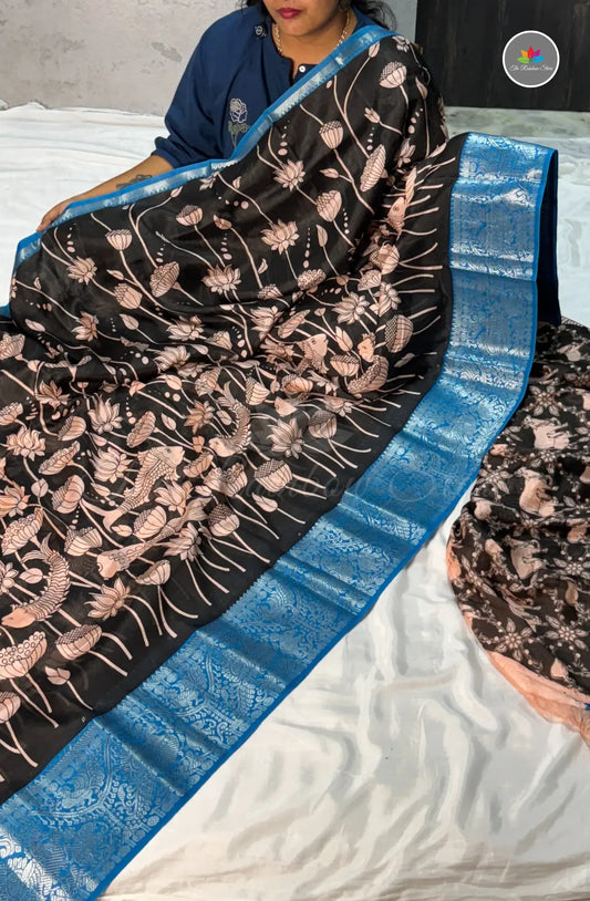 Mangalagiri Pattu in Kalamkari Hand Prints - Black