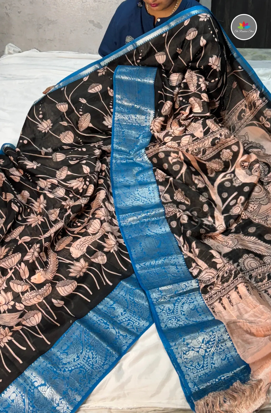 Mangalagiri Pattu in Kalamkari Hand Prints - Black