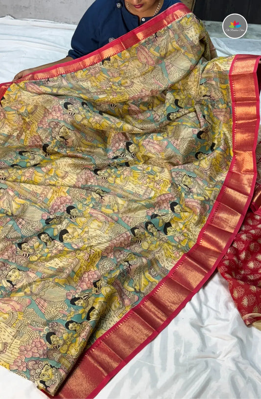 Mangalagiri Pattu in Kalamkari Hand Prints - Teal Green