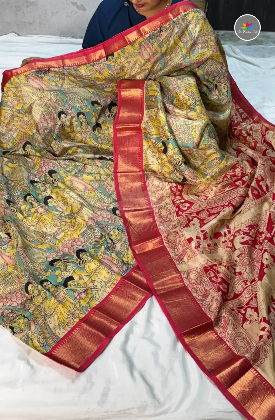 Mangalagiri Pattu in Kalamkari Hand Prints - Teal Green