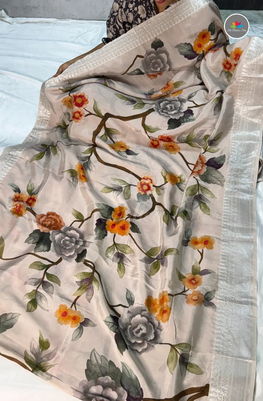 Mangalagiri Pattu in New Digital Prints - Champagne with Orange