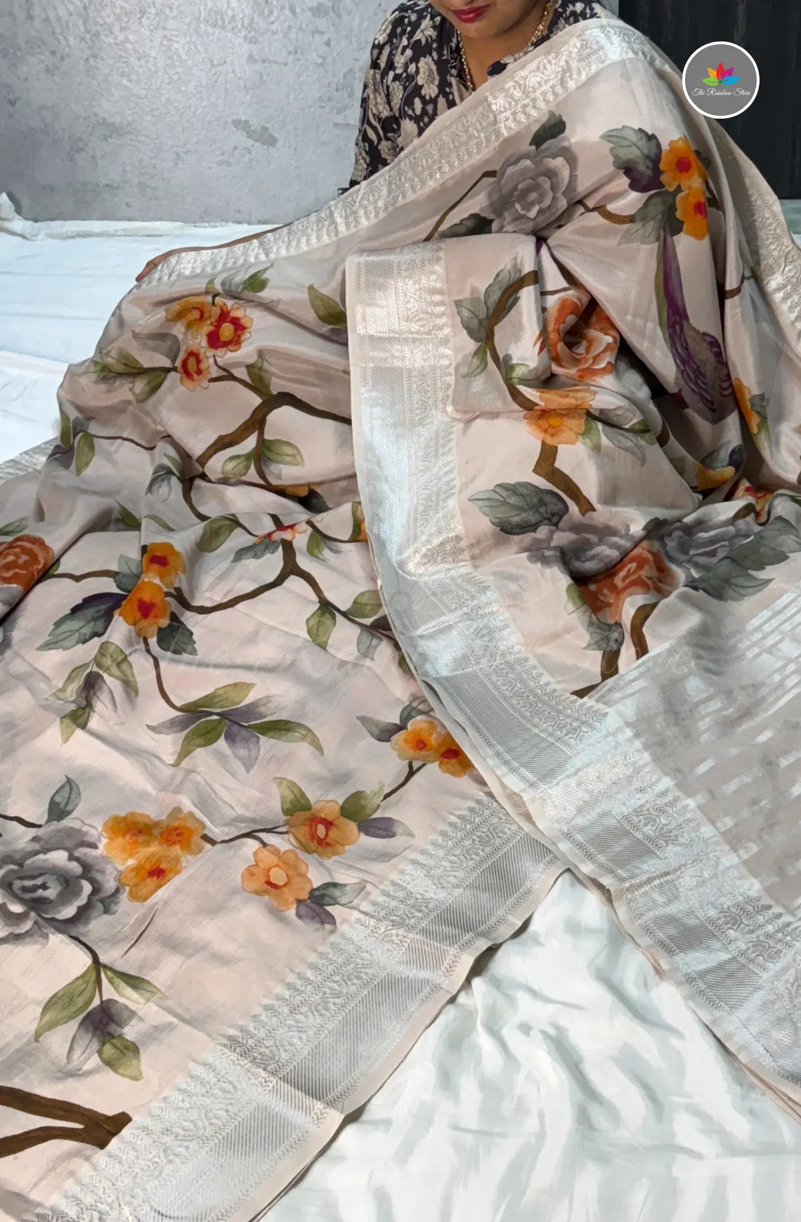 Mangalagiri Pattu in New Digital Prints - Champagne with Orange