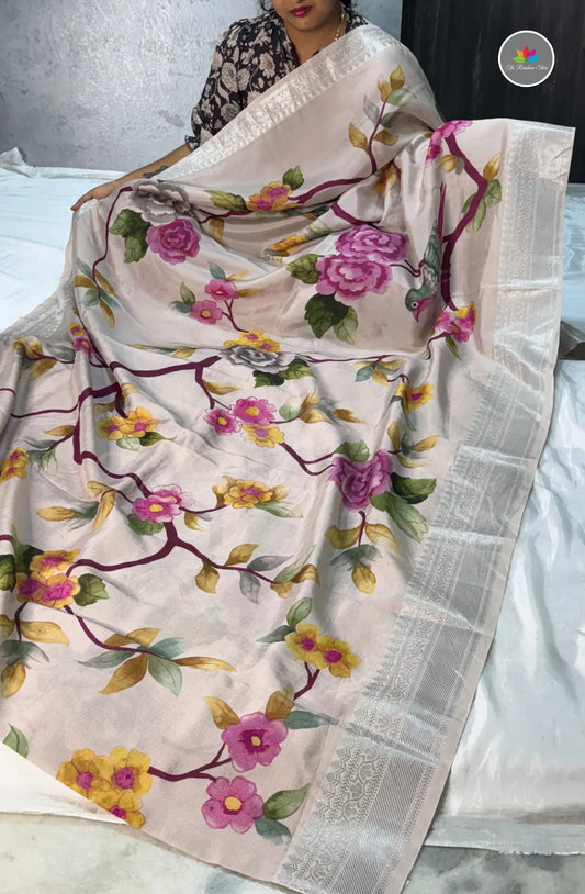 Mangalagiri Pattu in New Digital Prints - Champagne with Lavender