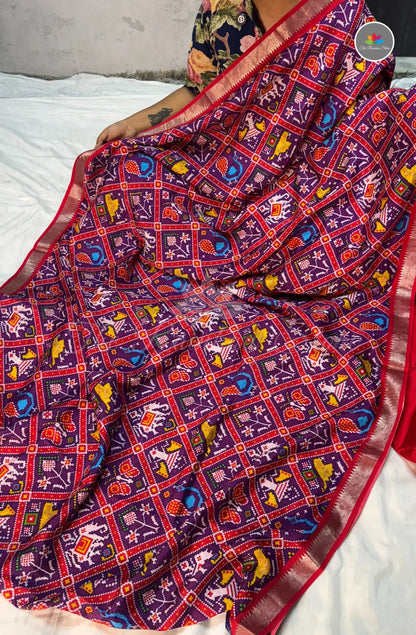 Premium Mangalagiri Pattu With Small Border - Brinjal Blue With Red