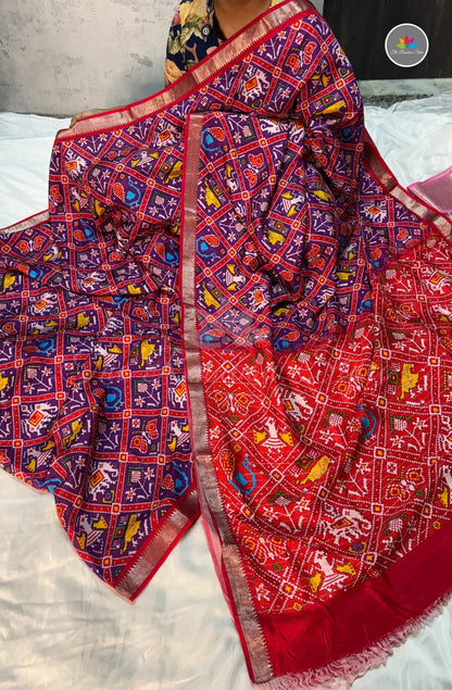 Premium Mangalagiri Pattu With Small Border - Brinjal Blue With Red