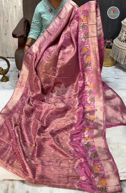 Imported Satin Tissue Mushru Saree - Mauve Pink with Silver Zari