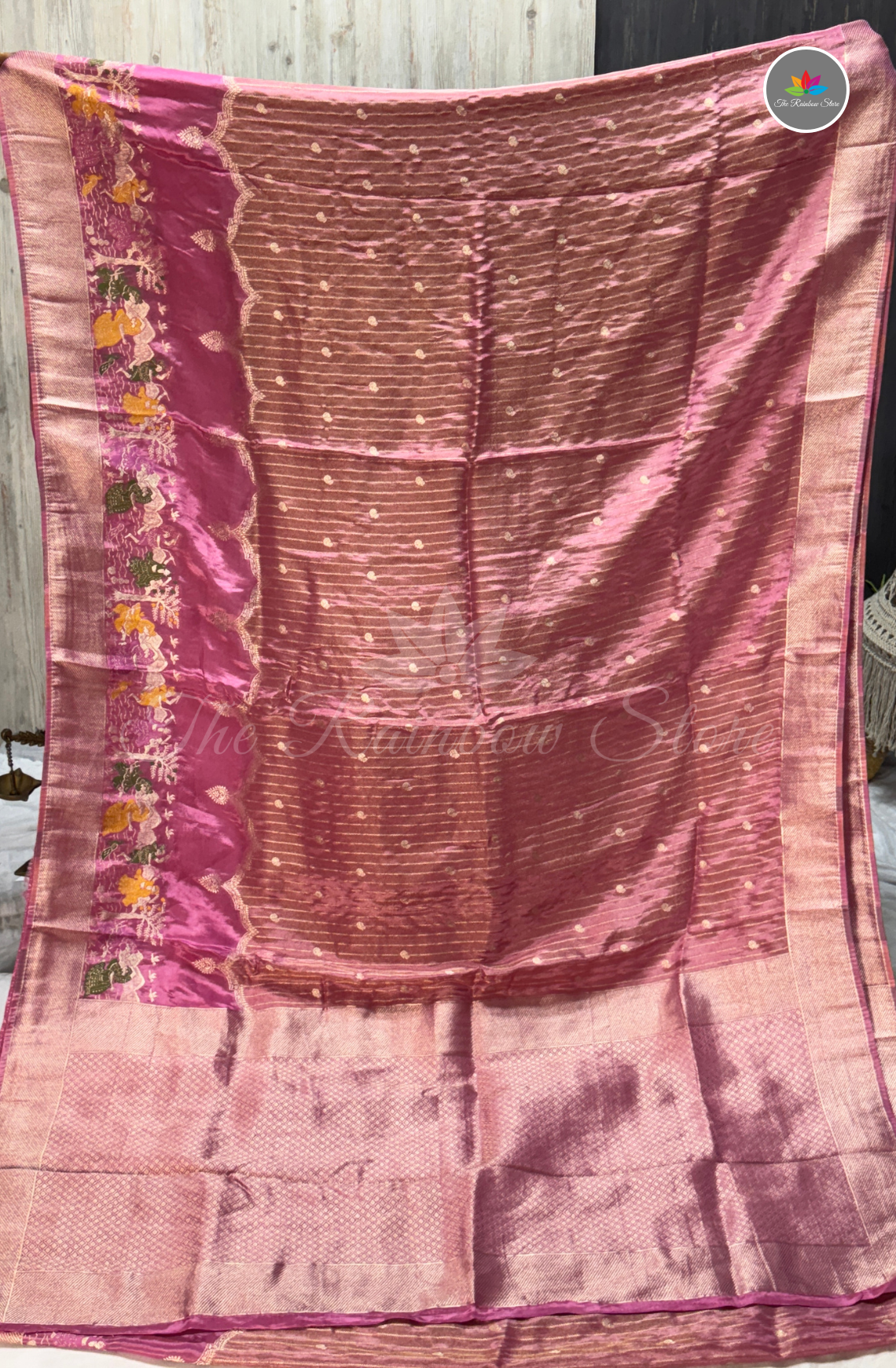 Imported Satin Tissue Mushru Saree - Mauve Pink with Silver Zari