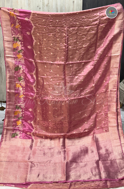 Imported Satin Tissue Mushru Saree - Mauve Pink with Silver Zari