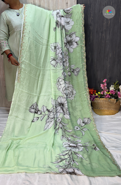 Pure Chinon With Hand Embroidery- Mint Green