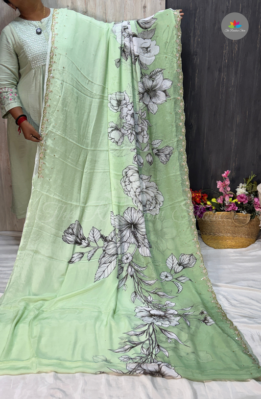 Pure Chinon With Hand Embroidery- Mint Green