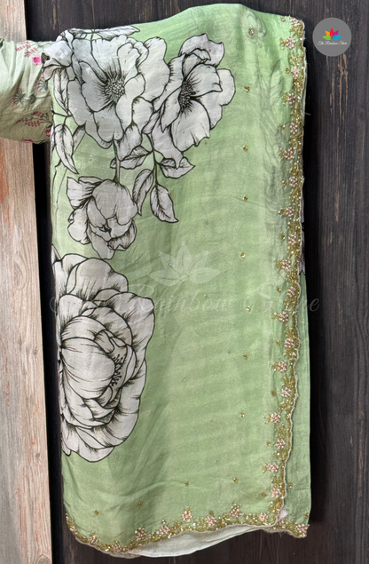 Pure Chinon With Hand Embroidery- Mint Green