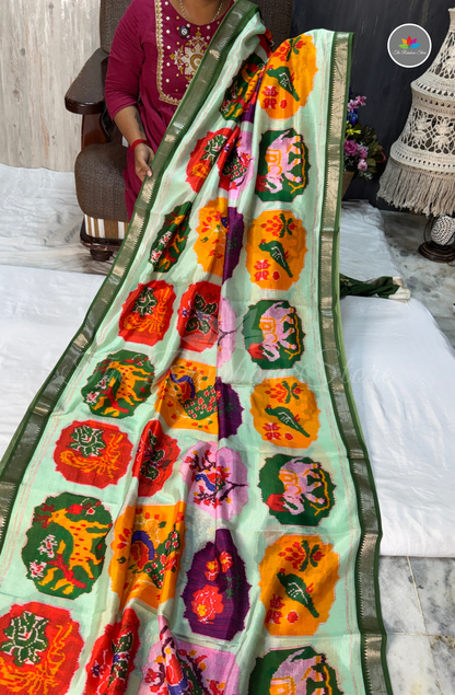 Mangalagiri Pattu Saree - Mint Green with Multicolor Floral