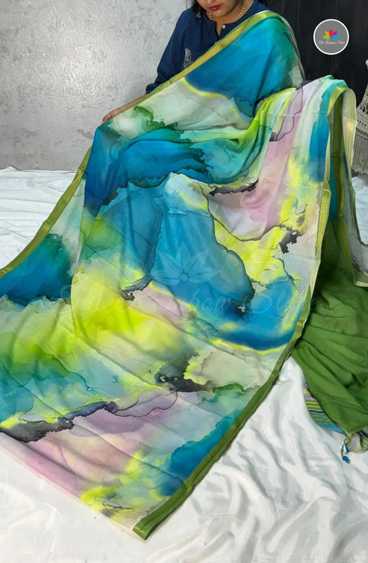 Mulbar Soft Silk Saree with Digital  Prints - Blue