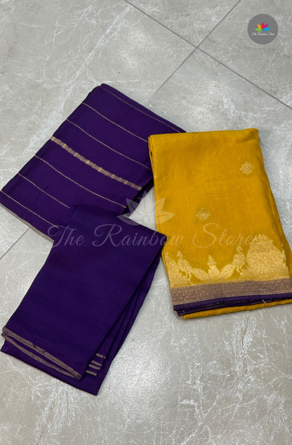 Pure Satin Mushru Silk (3 Piece Set ) - Mustard Yellow and Royal Purple