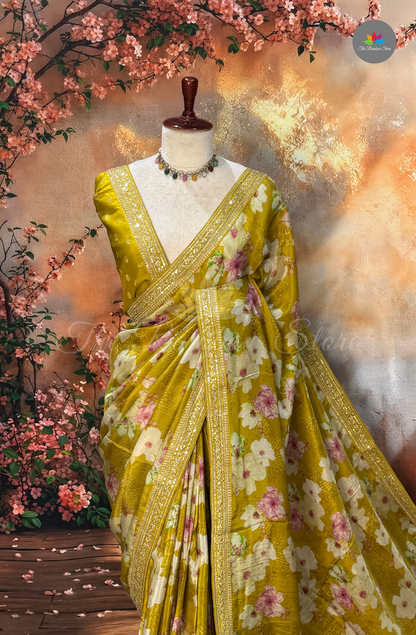 Pure Satin With Sabyasachi Borders - Mustard Yellow
