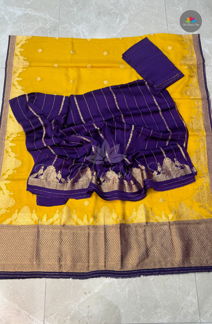 Pure Satin Mushru Silk (3 Piece Set ) - Mustard Yellow and Royal Purple