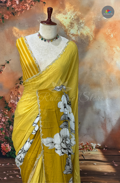 Pure Chinon With Hand Embroidery - Mustard Yellow