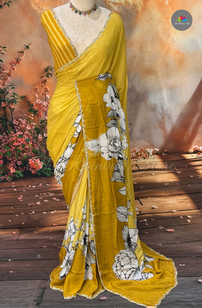 Pure Chinon With Hand Embroidery - Mustard Yellow