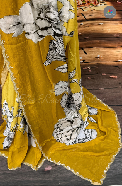 Pure Chinon With Hand Embroidery - Mustard Yellow