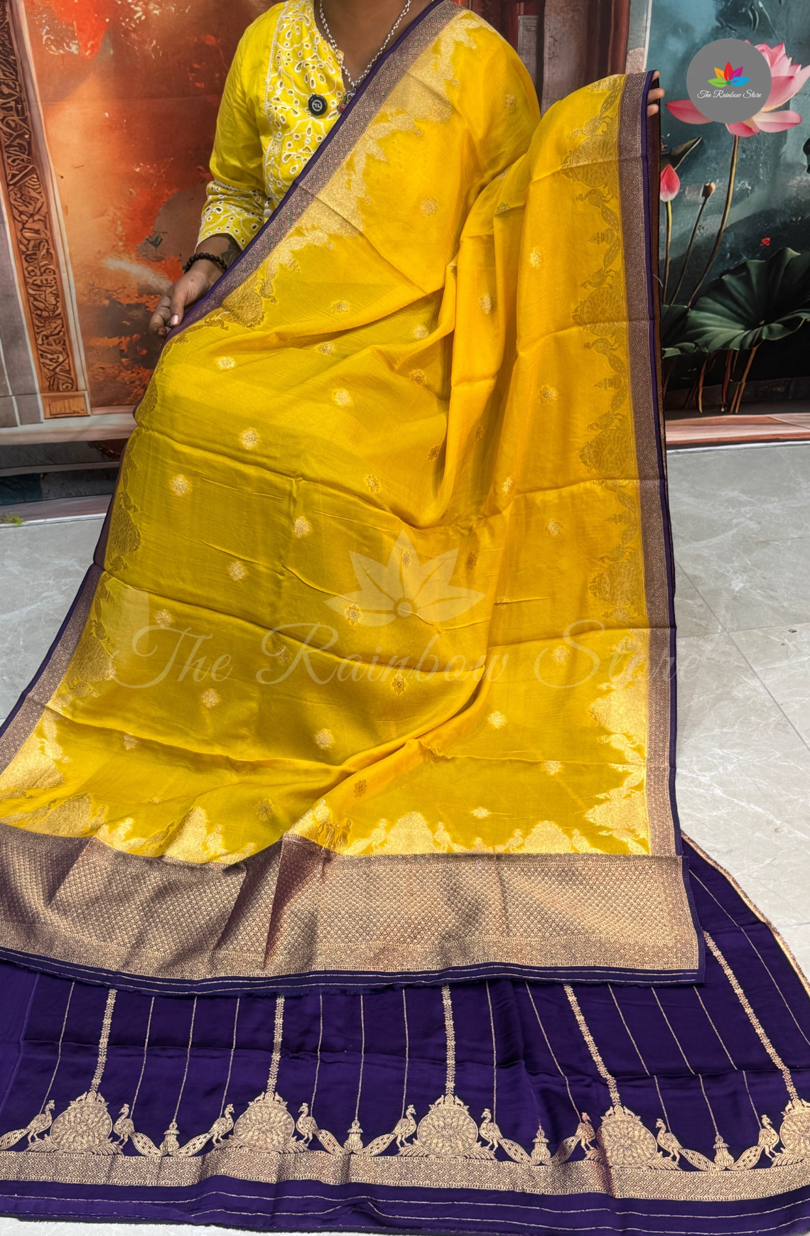 Pure Satin Mushru Silk (3 Piece Set ) - Mustard Yellow and Royal Purple