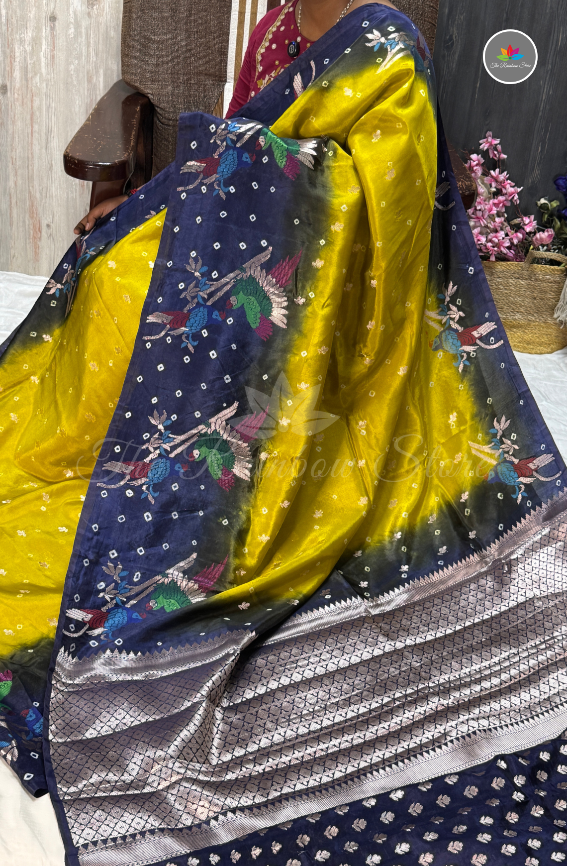 Dual-Tone Paper Silk Saree - Mustard Yellow & Navy Blue