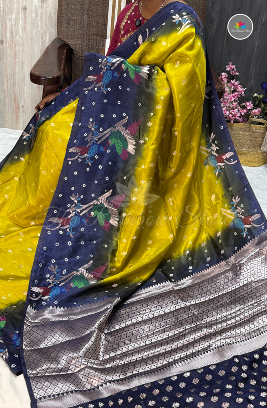 Dual-Tone Paper Silk Saree - Mustard Yellow & Navy Blue