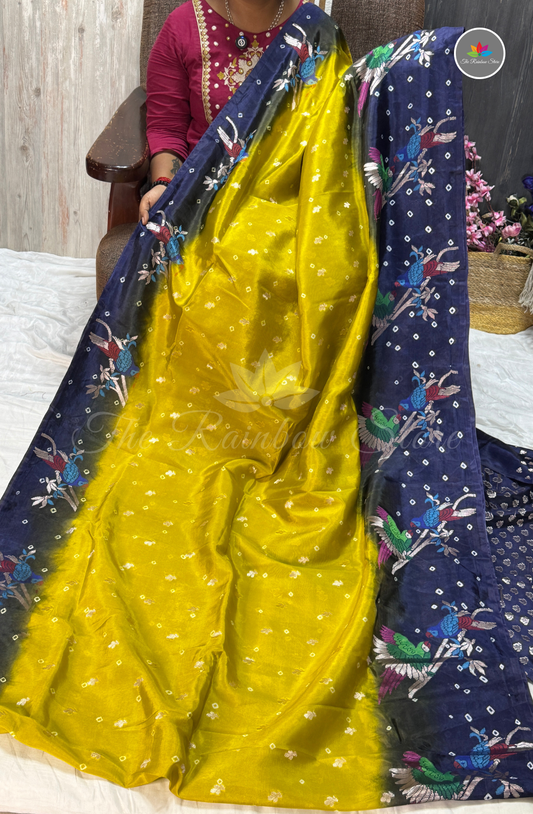 Dual-Tone Paper Silk Saree - Mustard Yellow & Navy Blue