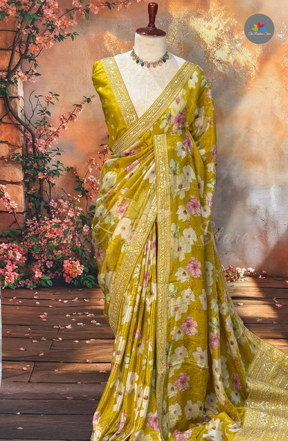 Pure Satin With Sabyasachi Borders - Mustard Yellow