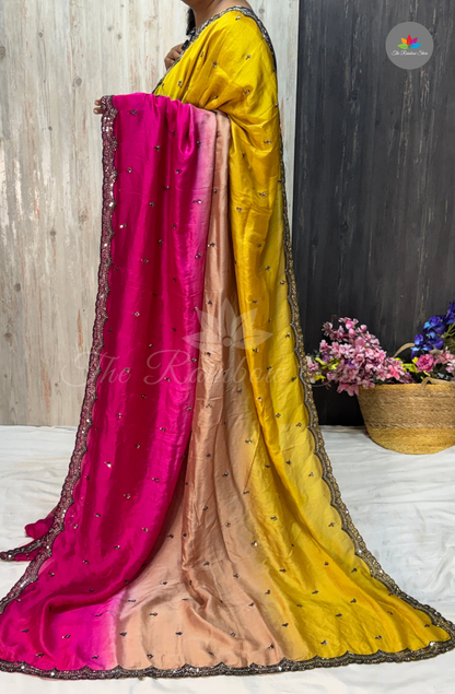 Pure Organza Crepe - Mustard Yellow With Pink