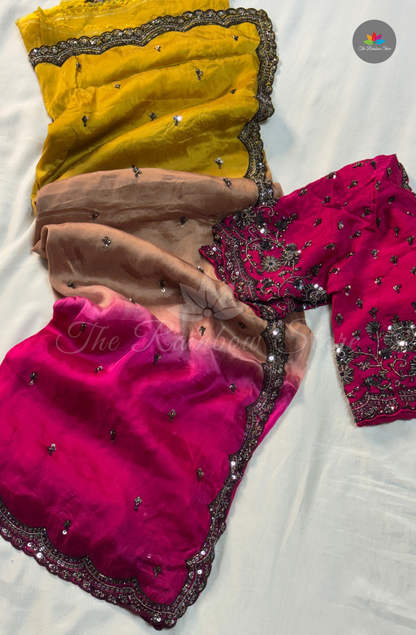 Pure Organza Crepe - Mustard Yellow With Pink