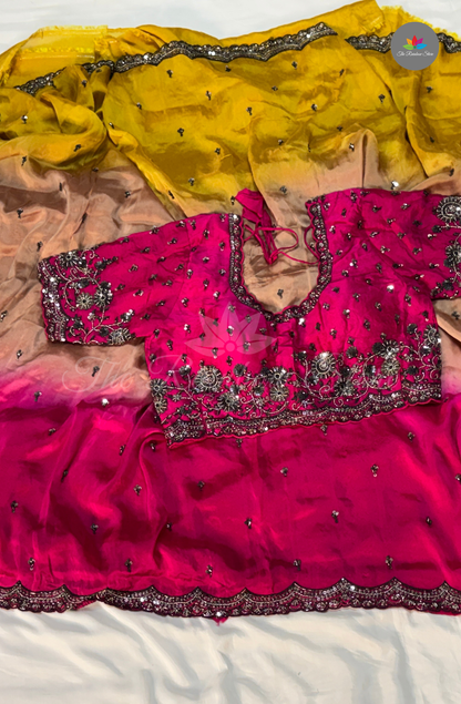 Pure Organza Crepe - Mustard Yellow With Pink