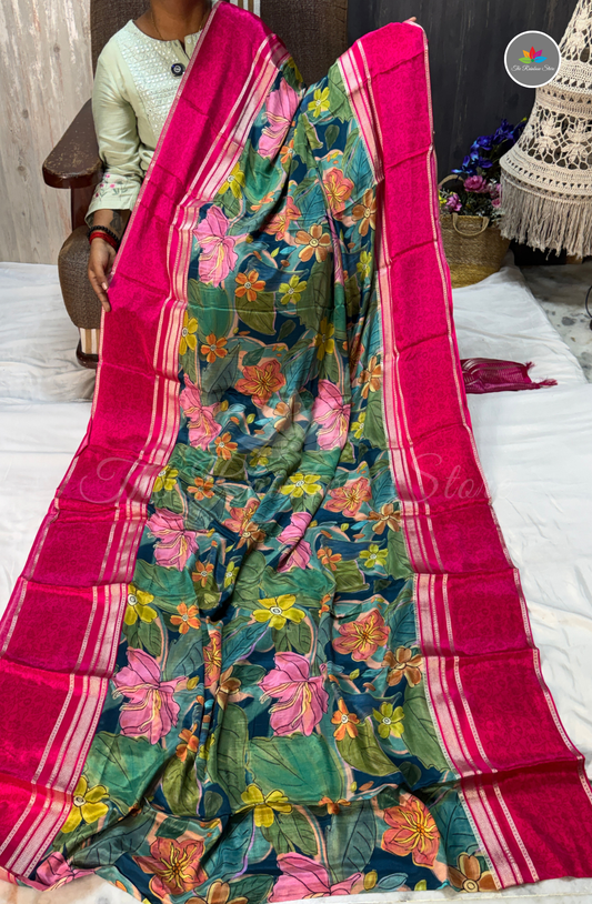 Mysore Crepe Saree - Hot Pink