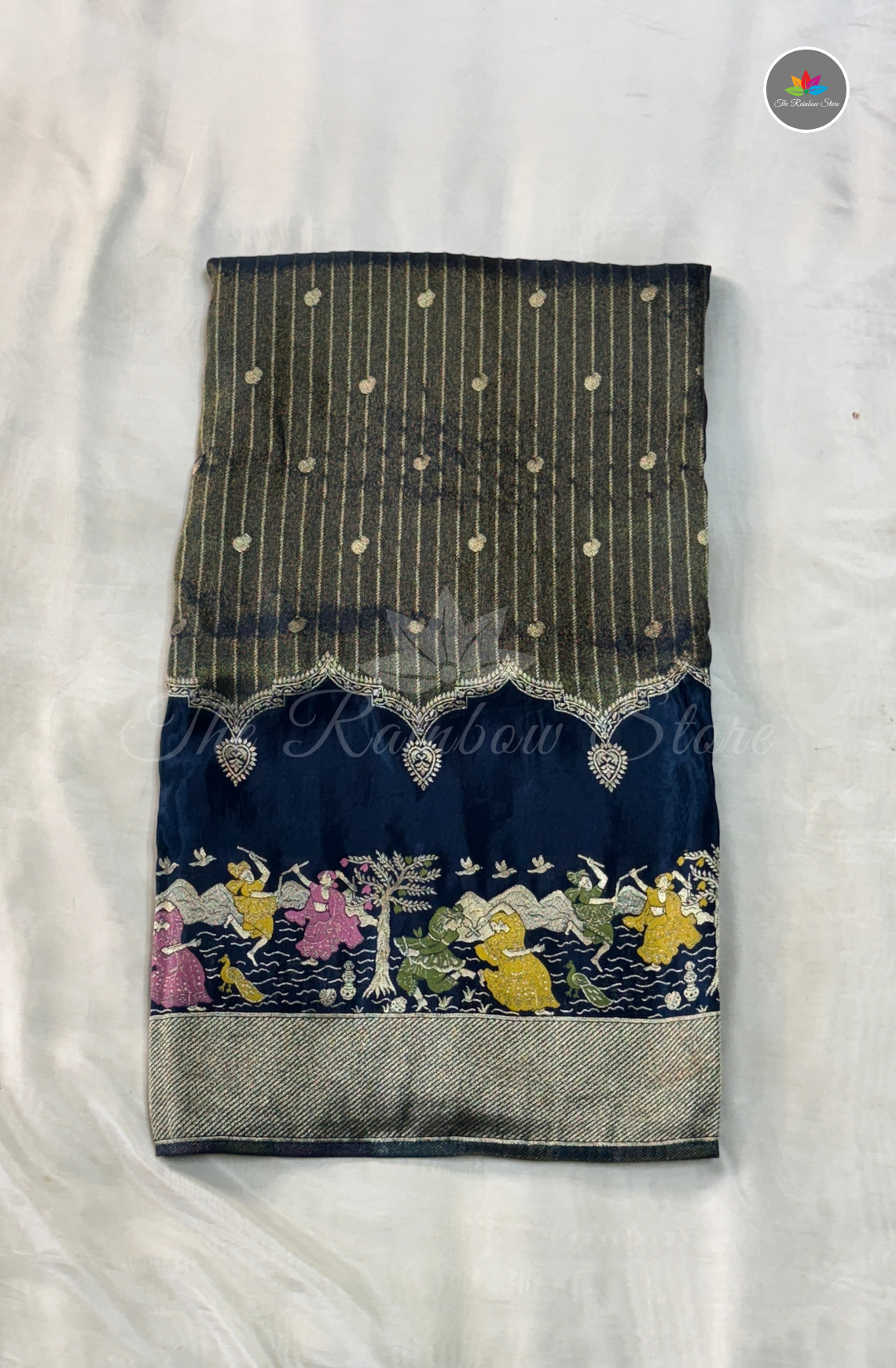 Imported Satin Tissue Mushru Saree - Navy Blue & Antique Silver