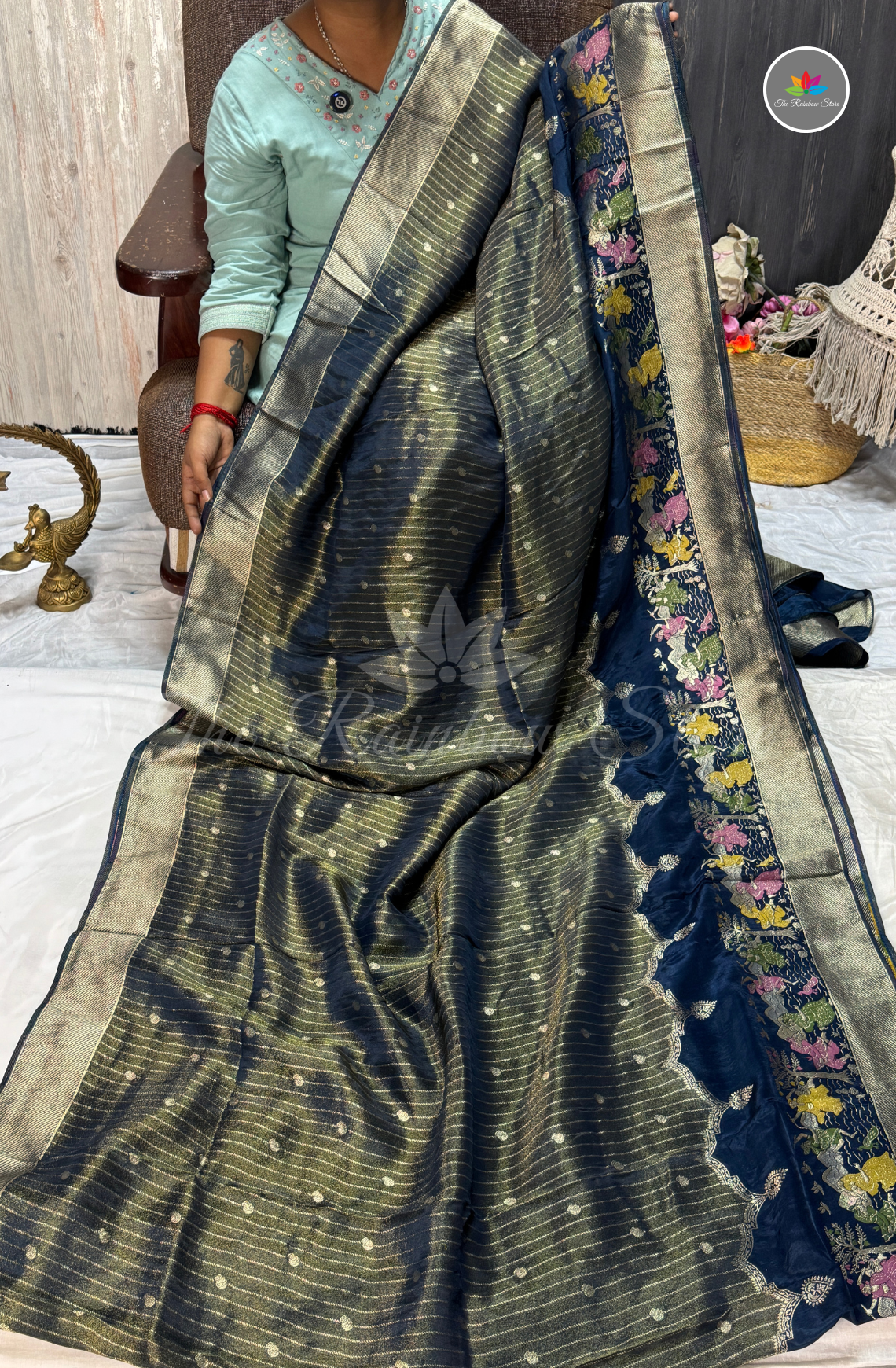 Imported Satin Tissue Mushru Saree - Navy Blue & Antique Silver