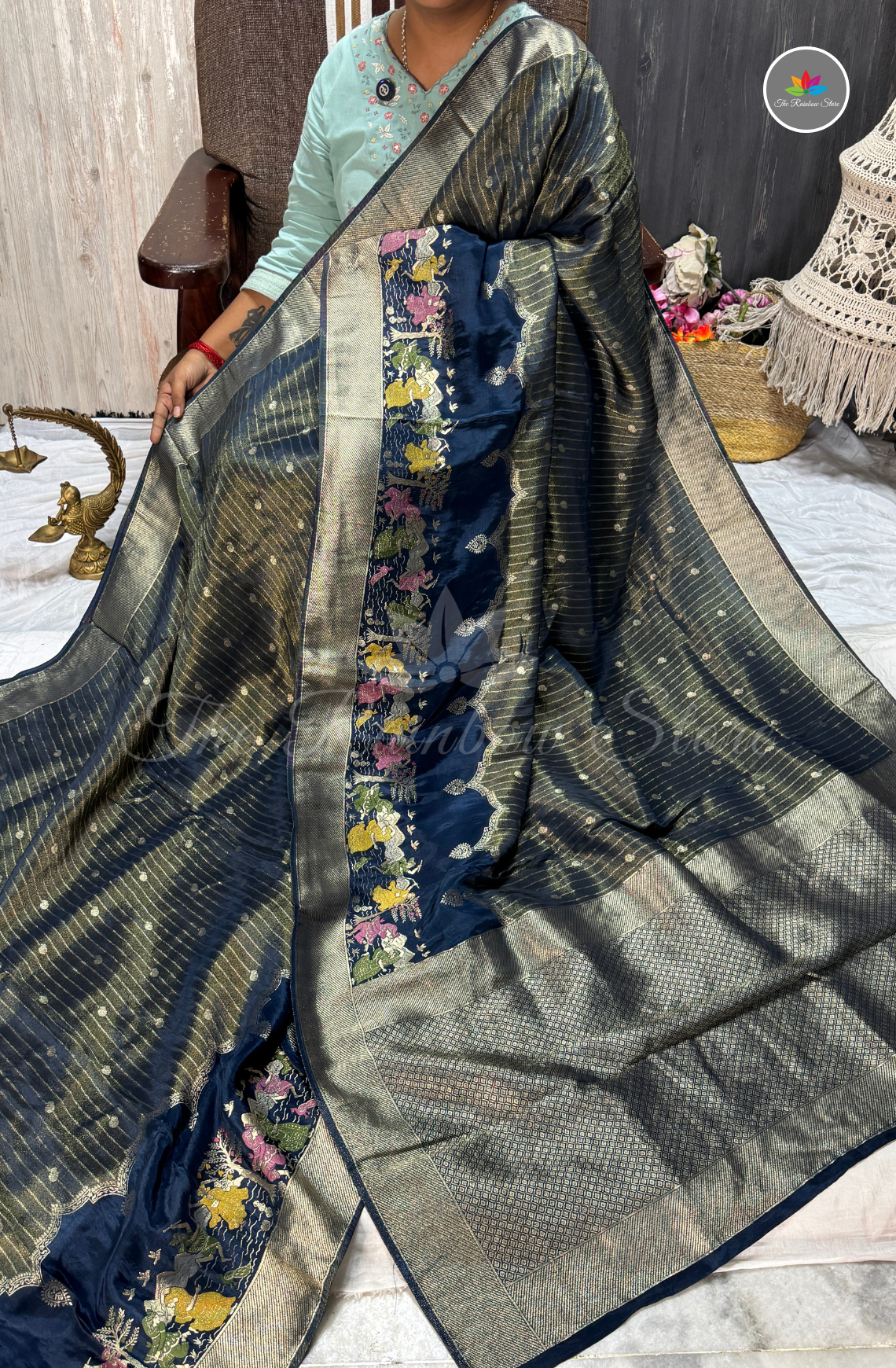 Imported Satin Tissue Mushru Saree - Navy Blue & Antique Silver